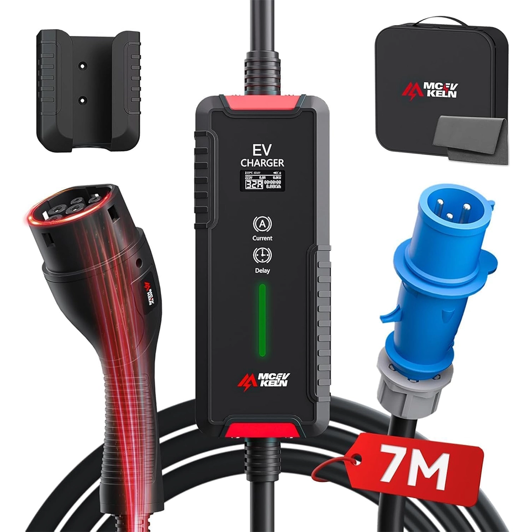 MCEVKELN hordozható elektromos autó töltő 7kW, 1 fázis, 6-32A, 7m TYPE 2, CEE csatlakozó